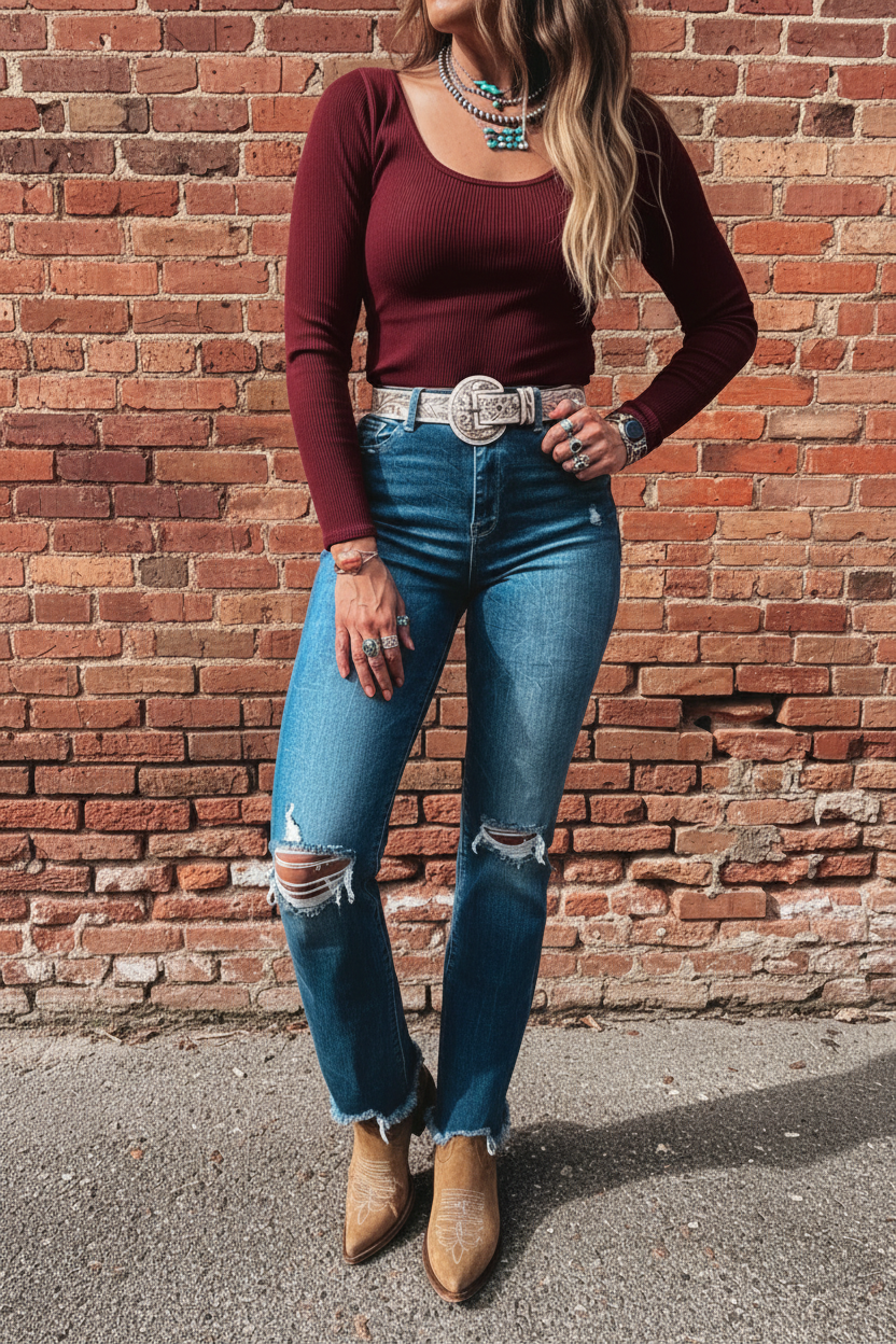 Ribbed Knit Long Sleeve Fitted T-Shirt