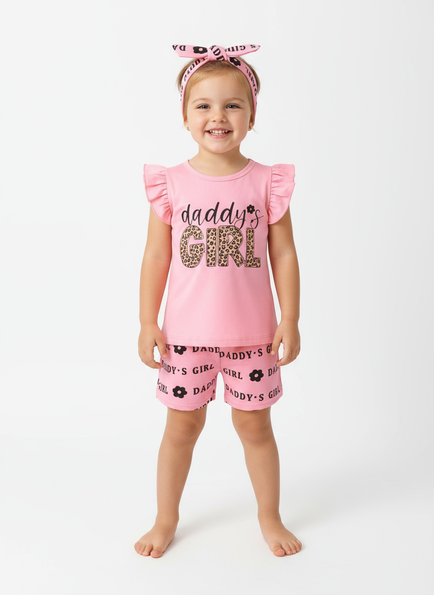 Children's Headband Letter Ruffle Sleeve Top and Shorts 3-Piece Set