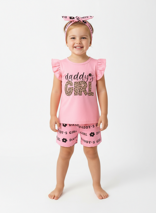 Children's Headband Letter Ruffle Sleeve Top and Shorts 3-Piece Set