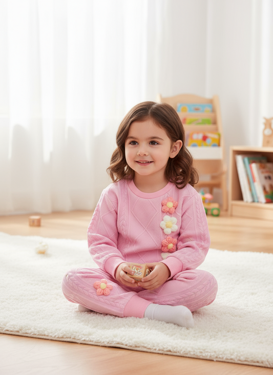 Children's Flower Textured Top and Pants Set