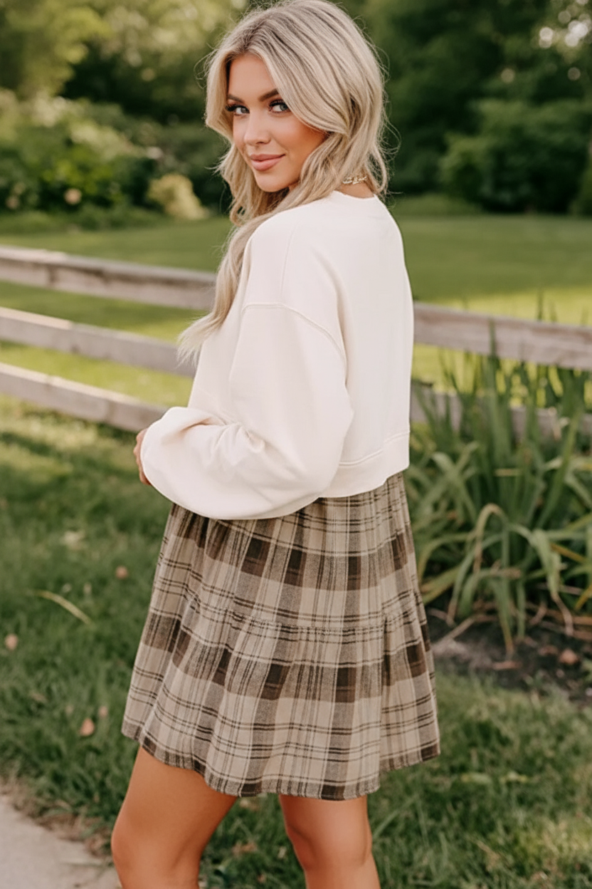 Plaid Round Neck Long Sleeve Mini Dress
