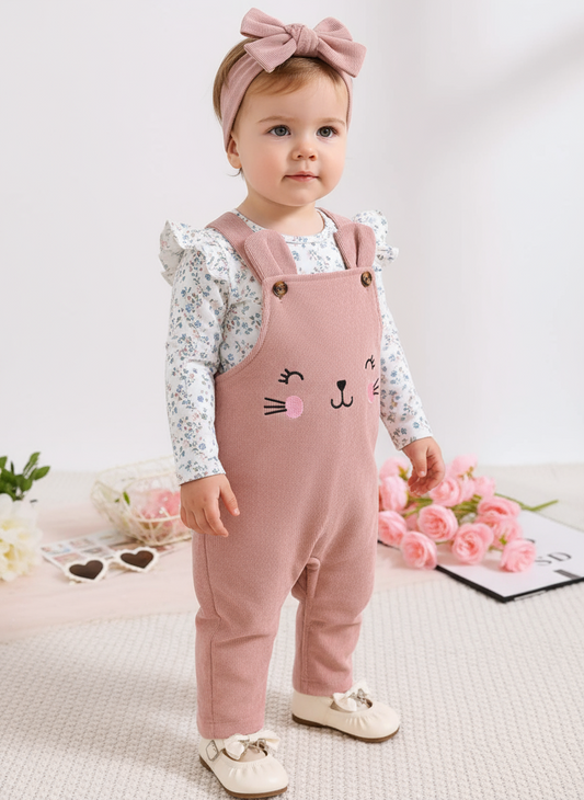 Children's Floral Print Ruffle Trim Top & Corduroy Overalls & Headband Set