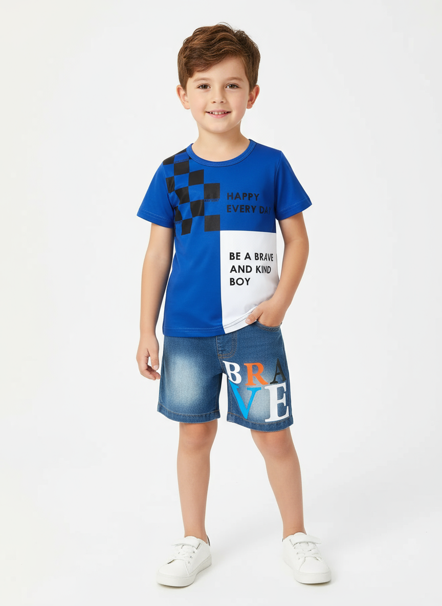 Children's Letter Round Neck Top and Denim Shorts Set