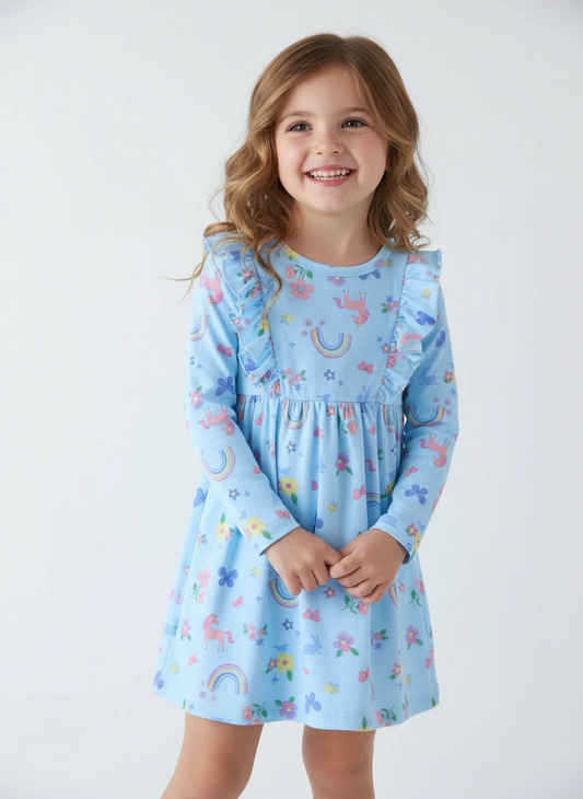 Children's Unicorn Rainbow Print Ruffle Trim Long Sleeve Dress