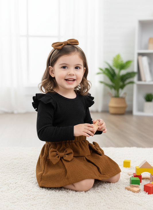 Children's Ribbed Top and Bow Skirt Set with Headband