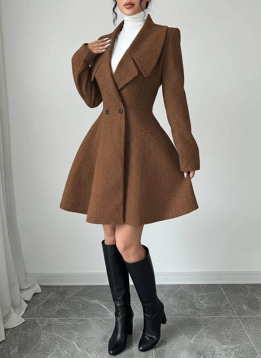 Double-Breasted Fit & Flare Wool Blend Coat