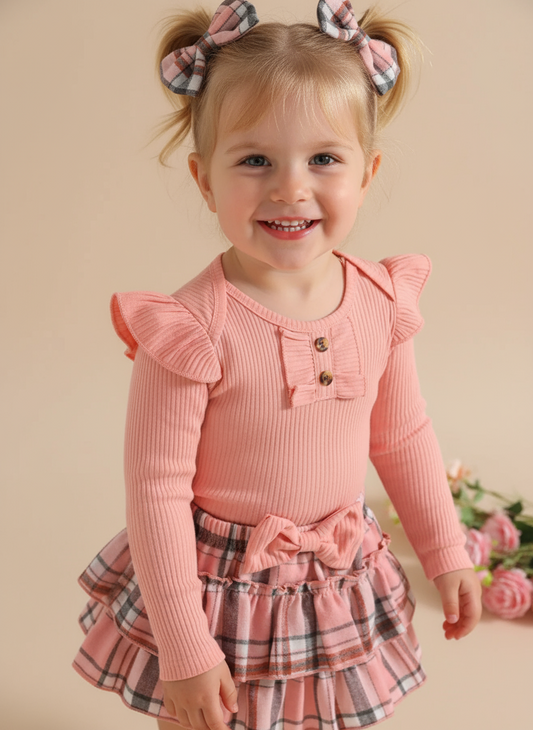 Children's Ruffled Ribbed Bodysuit and Skirt Set with Headband