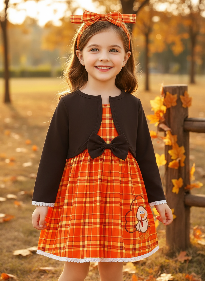 Children's Plaid Turkey Embroidered Bowknot Dress 3 Piece Set