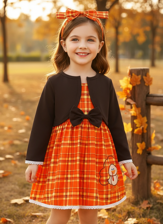 Children's Plaid Turkey Embroidered Bowknot Dress 3 Piece Set