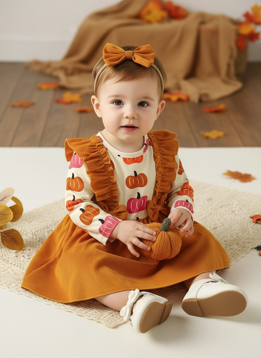 Children's Pumpkin Print Ruffle Dress with Bow Headband