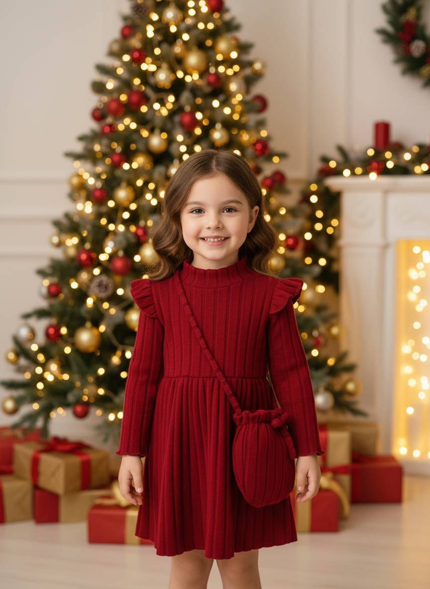 Children's Ribbed Knit Ruffle Trim Dress with Bag