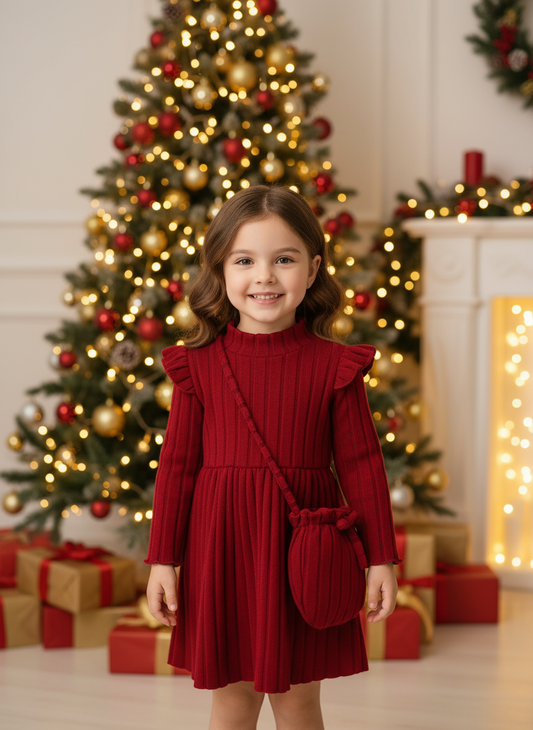 Children's Ribbed Knit Ruffle Trim Dress with Bag