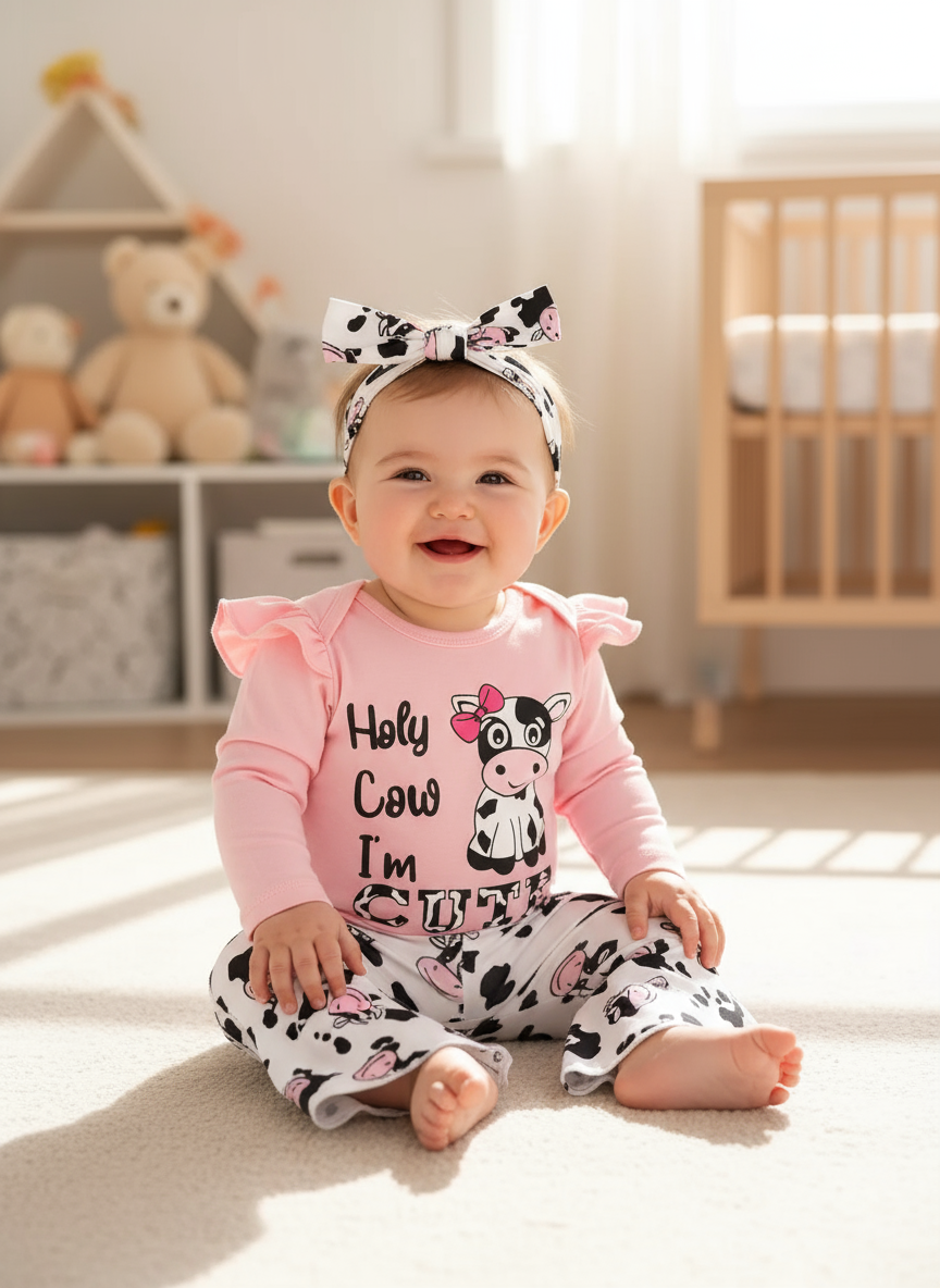 Children's Cow Graphic Ruffle Trim Bodysuit and Pants Set