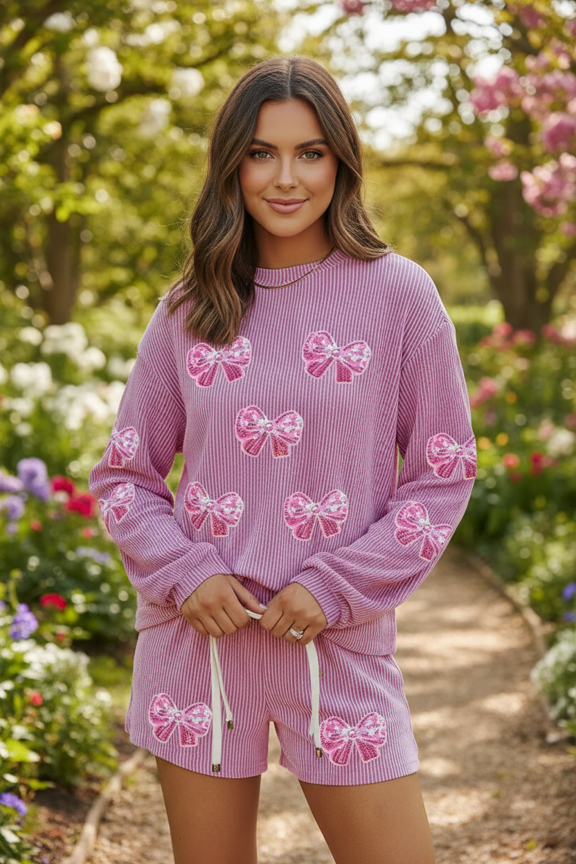 Corded Rib Sequin Bow Patched Long Sleeve Top and Shorts 2pcs Set