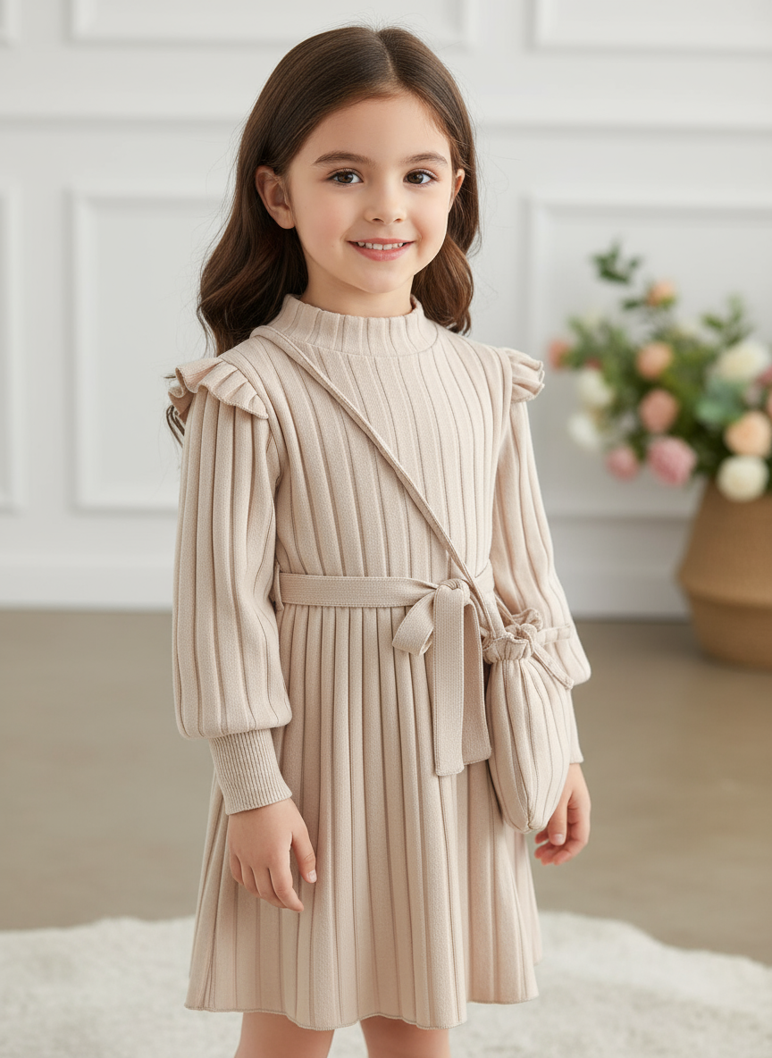 Children's Ribbed Knit Ruffle Trim Dress with Bag