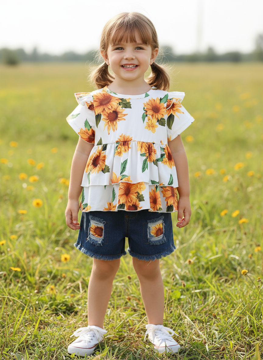 Children's Sunflower Ruffled Short Sleeve Top and Shorts Set
