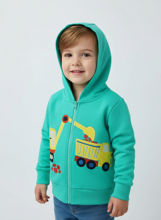 Children's Cartoon Construction Vehicle Zip-Up Hoodie