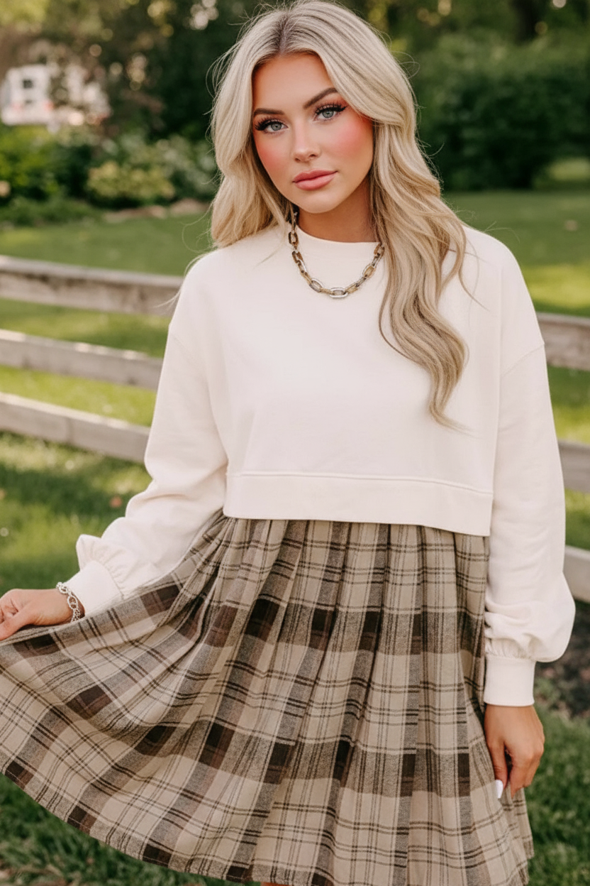 Plaid Round Neck Long Sleeve Mini Dress