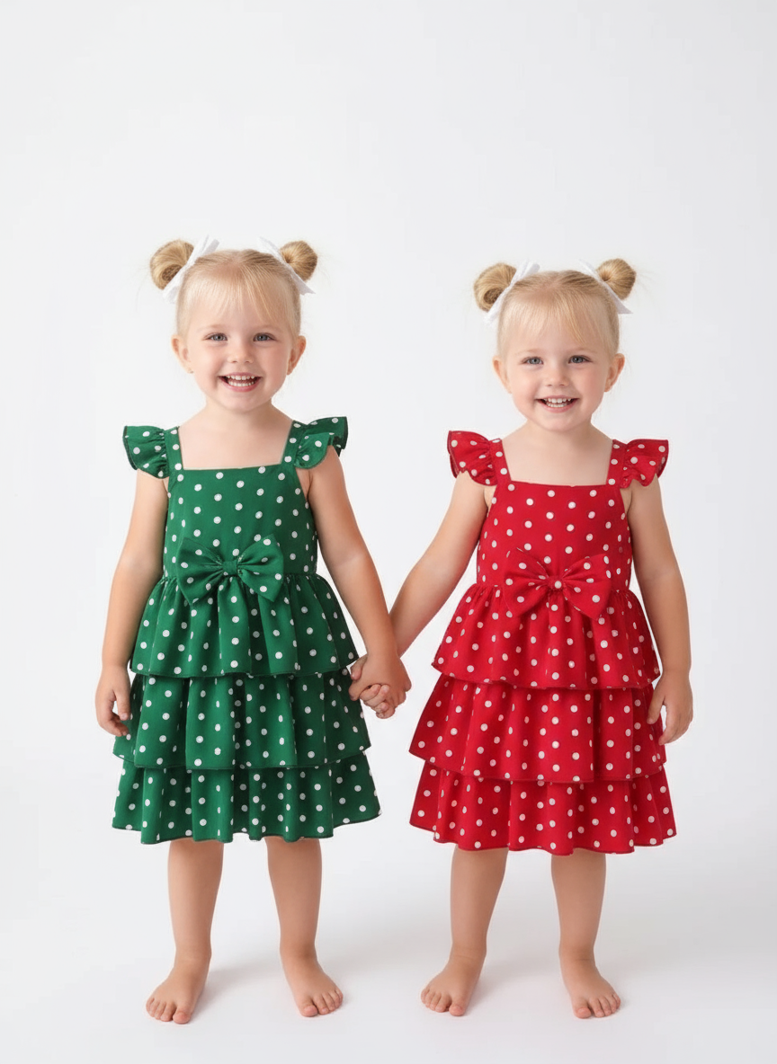 Bow Polka Dot Square Neck Layered Dress