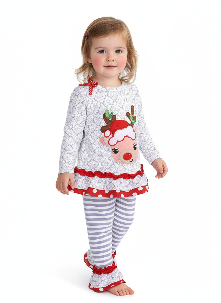 Children's Christmas Reindeer Ruffle Trim Outfit Set
