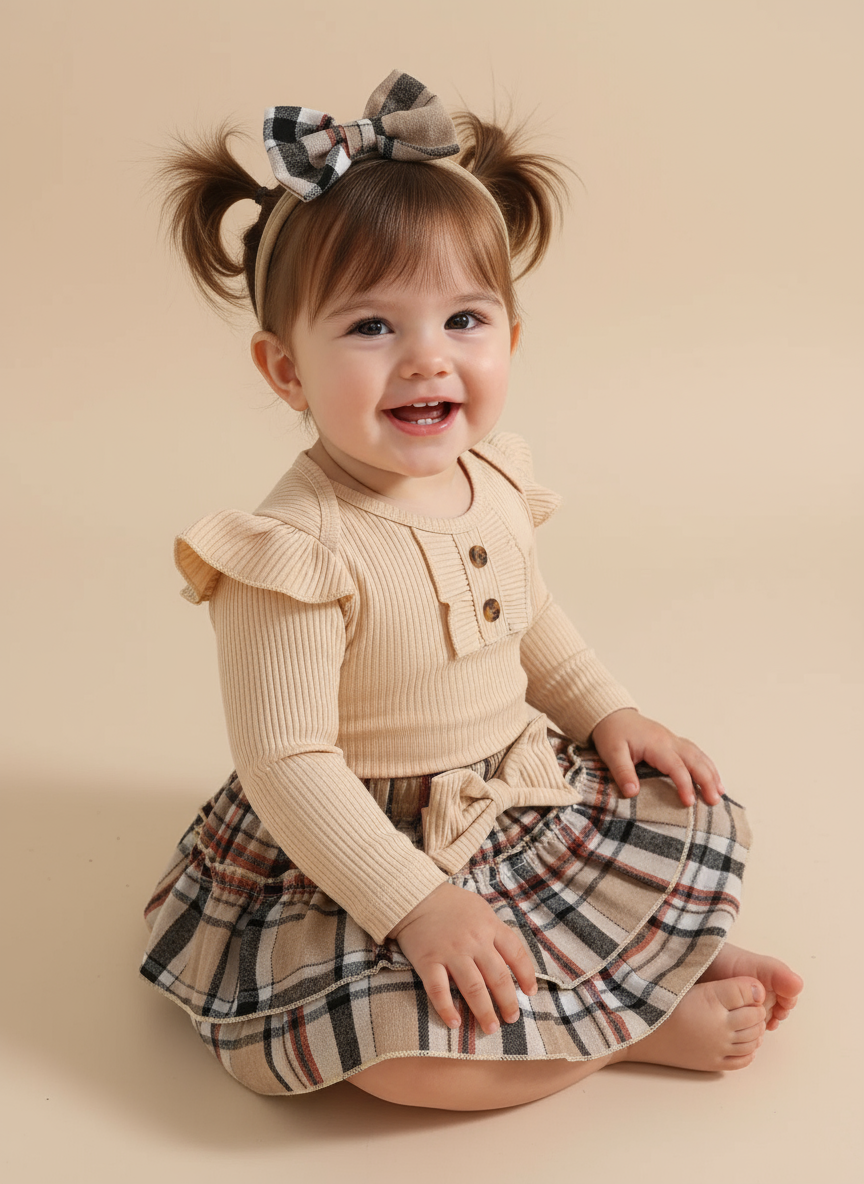 Children's Ruffled Ribbed Bodysuit and Skirt Set with Headband
