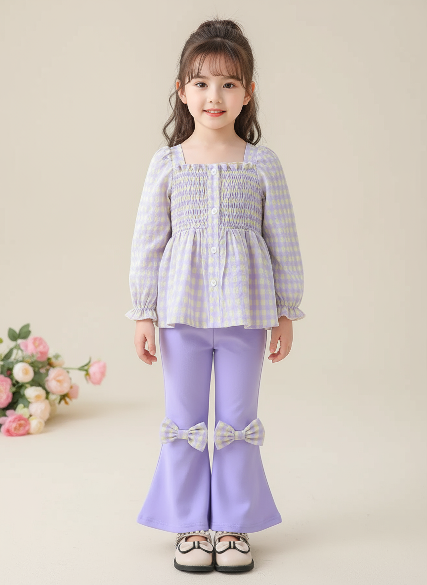 Children's Gingham Smocked Top and Bow Pants Set