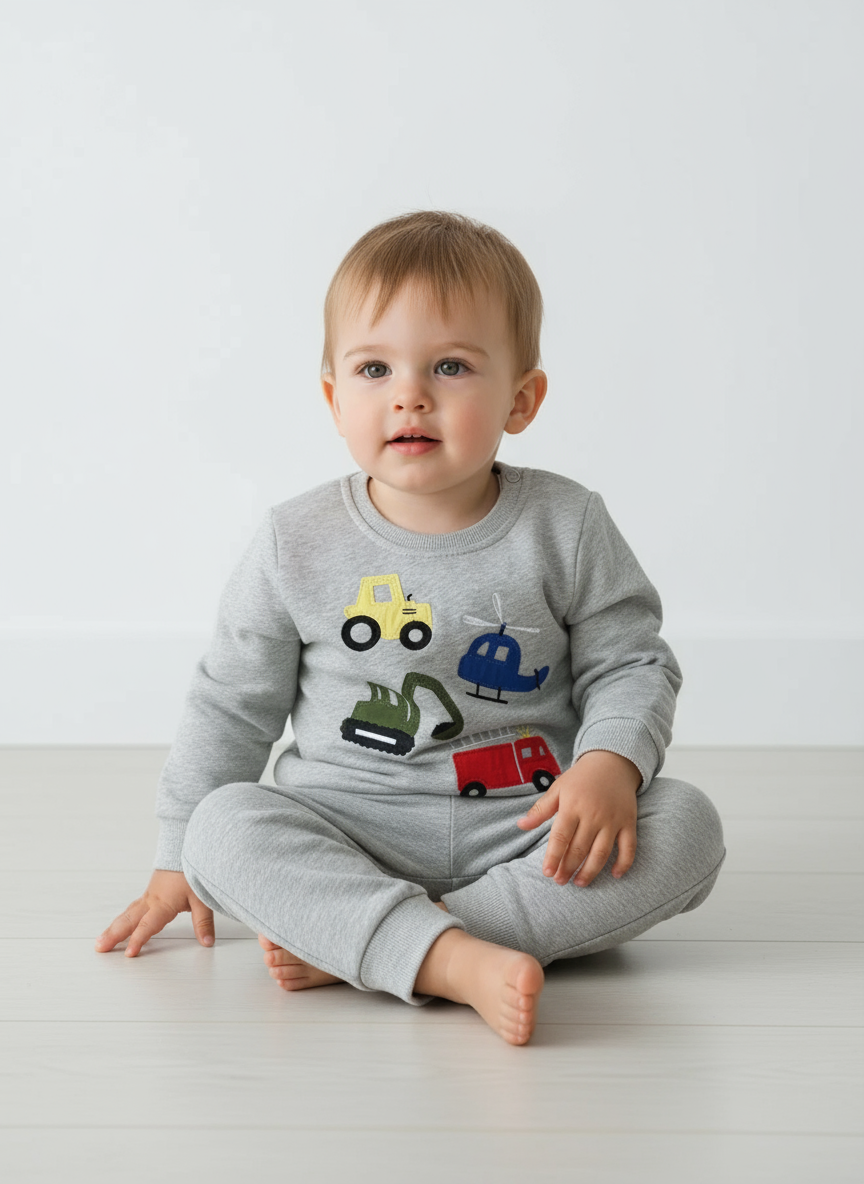 Children's Cartoon Vehicle Graphic Crew Neck Sweatshirt