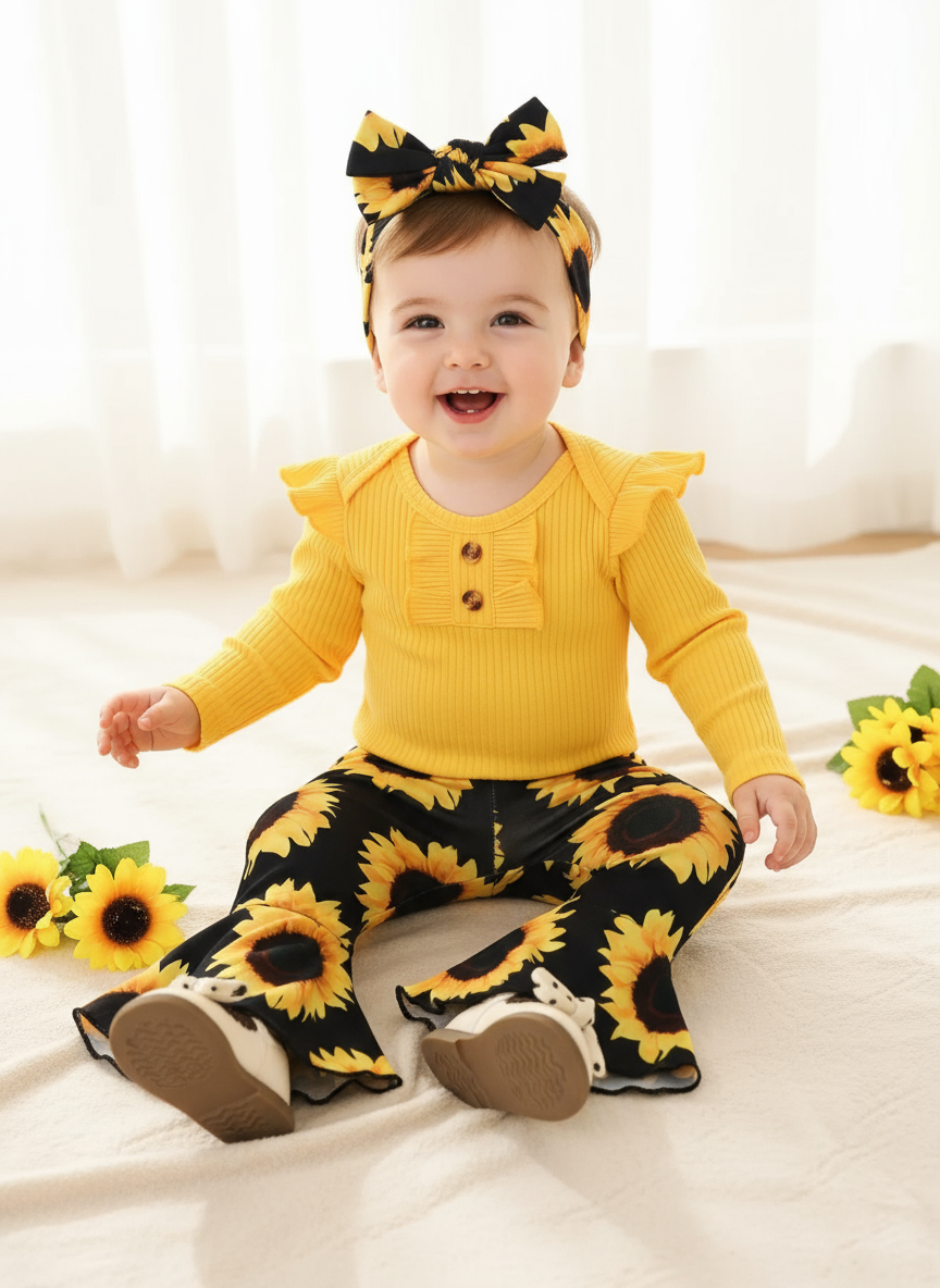 Children's Ruffled Ribbed Top and Sunflower Pants Set