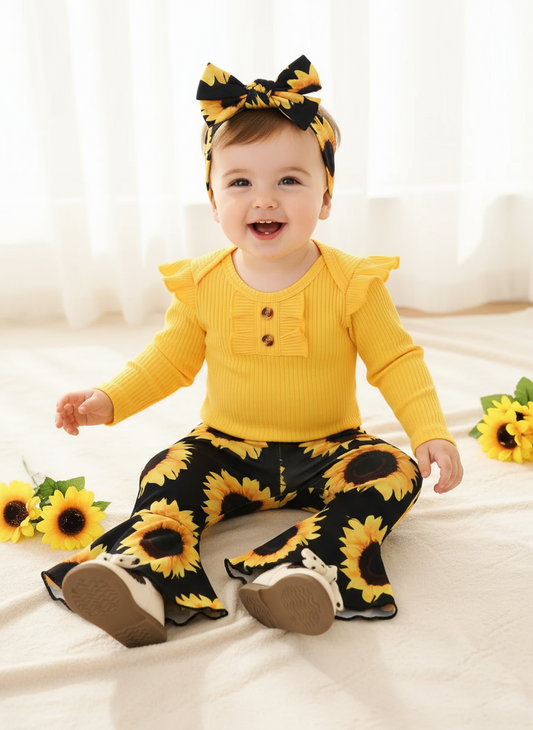 Children's Ruffled Ribbed Top and Sunflower Pants Set