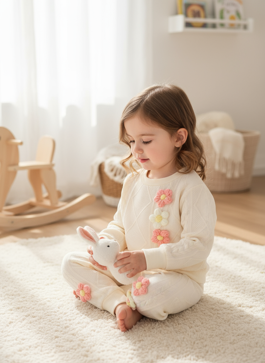 Children's Flower Textured Top and Pants Set