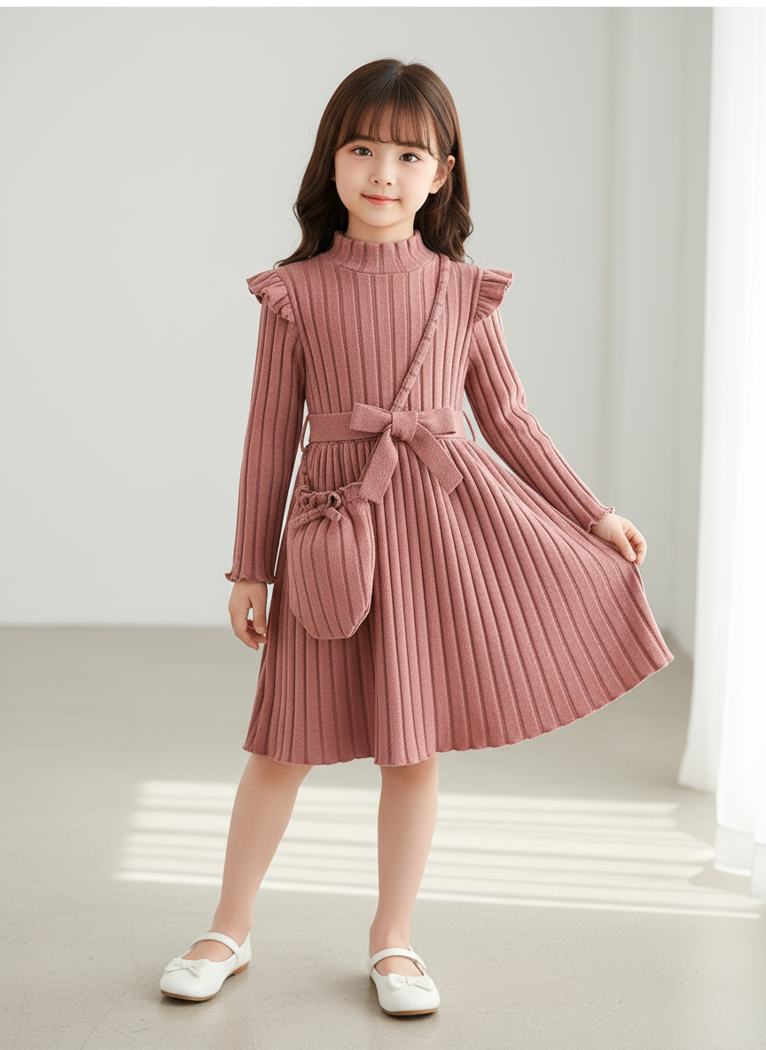 Children's Ribbed Knit Ruffle Trim Dress with Bag