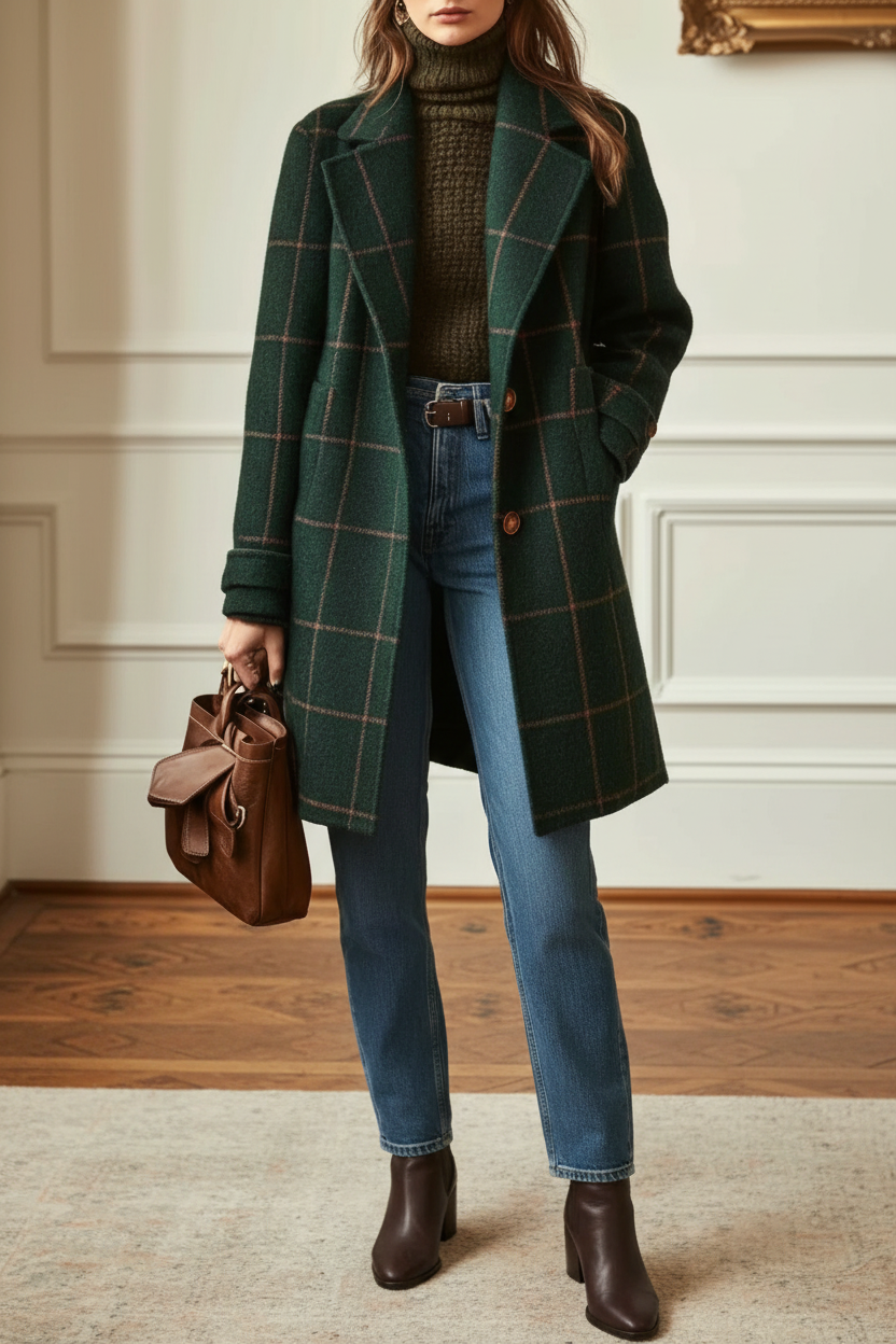 Full Size Plaid Classic Button Up Coat Plus Size