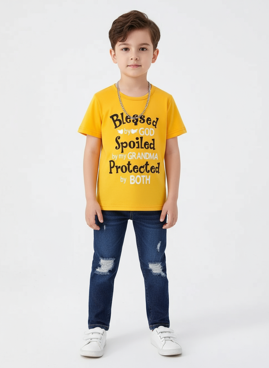 Children's Round Neck Letter Graphic T-Shirt and Distressed Jeans Set