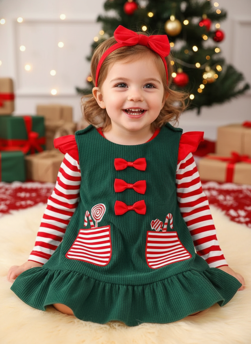 Children's Christmas Striped Bodysuit and Dress Set with Headband