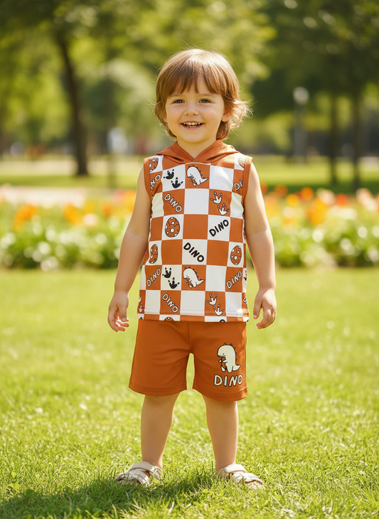 Children's Dinosaur Checkered Sleeveless Hooded Top and Shorts Set