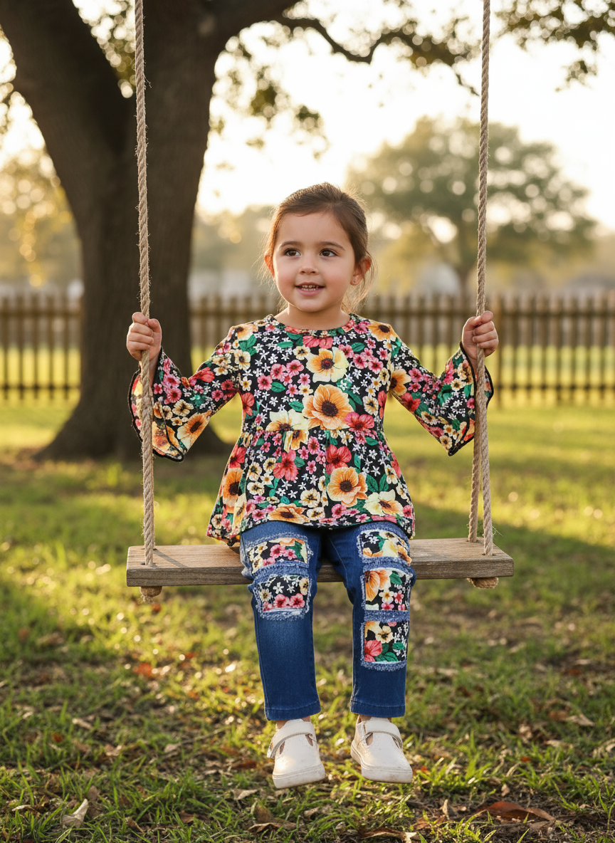 Children's Floral Bell Sleeve Top and Pants Set